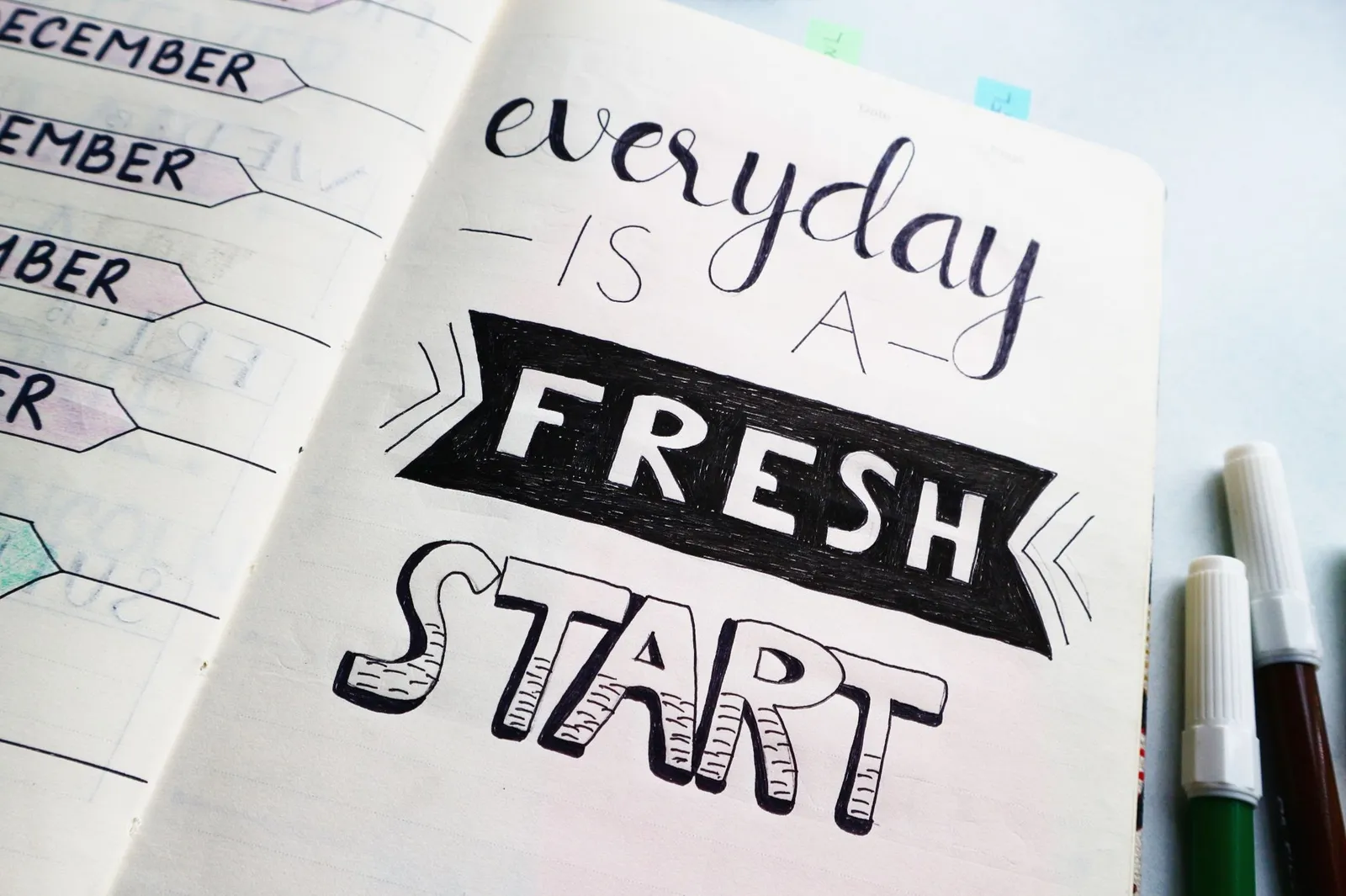 Planner spread with hand-lettered inspirational quotes that lead the eye across the page, illustrating movement in visual design