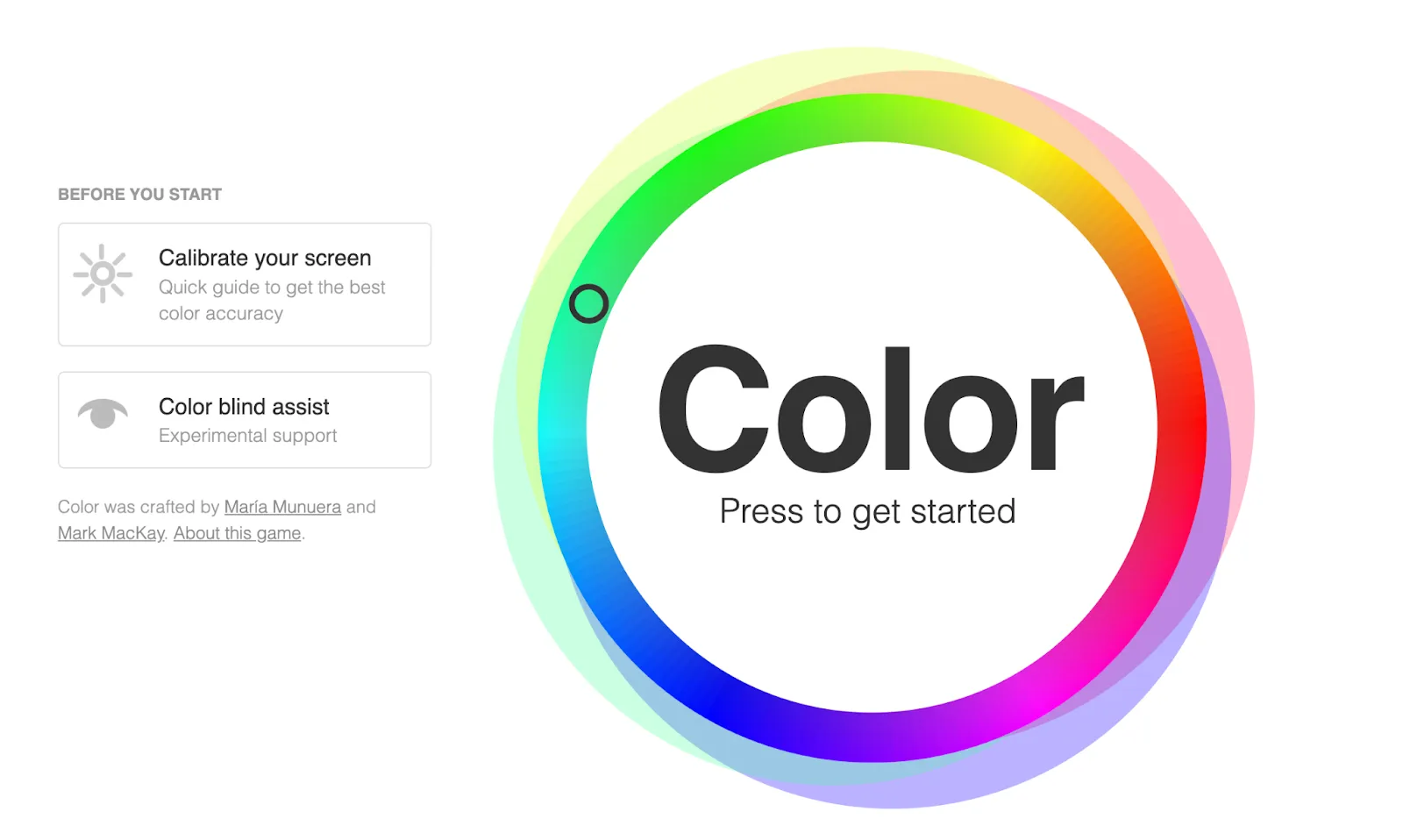Color game by Method of Action showing an interactive color wheel used to match hues