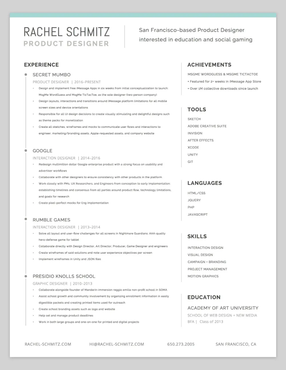 Rachel Schmitz's one-page product designer resume: a two-column layout with experience at Secret Mumbo, Google, and Rumble Games on the left, a sidebar of achievements, tools, and skills on the right, and a single teal accent bar as the only decoration