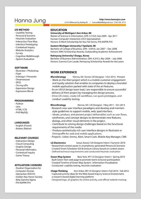 Hanna Jung's dense one-page UX designer resume: a narrow left rail listing UX methods, software, programming languages, and honors beside a main column of education and work experience at MicroStrategy and LG Electronics