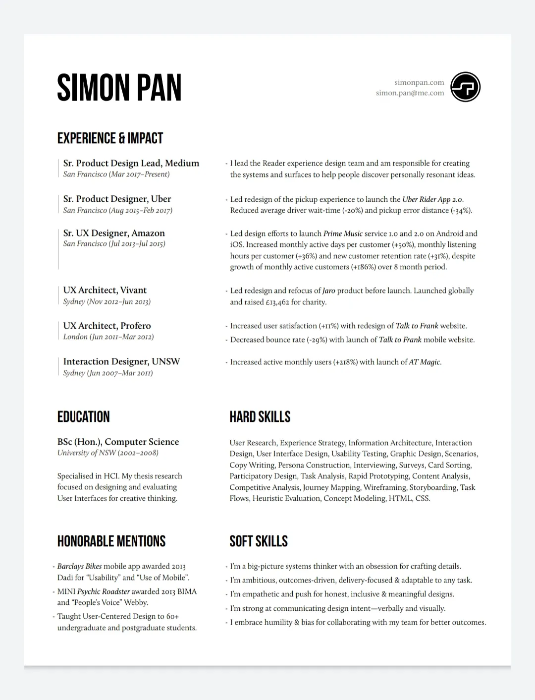 Simon Pan's black-and-white resume headed &ldquo;Experience & Impact&rdquo;, pairing each role at Medium, Uber, and Amazon with metric-led outcomes such as a 20% reduction in Uber driver wait time and 50% more active listening days on Amazon Prime Music