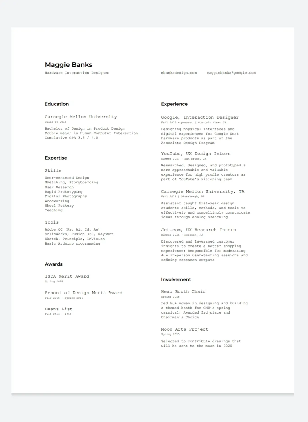 Maggie Banks's ultra-minimal one-page resume set almost entirely in a single monospaced typeface with no graphics: CMU education, expertise, and awards on the left, Google, YouTube, and Jet.com experience on the right