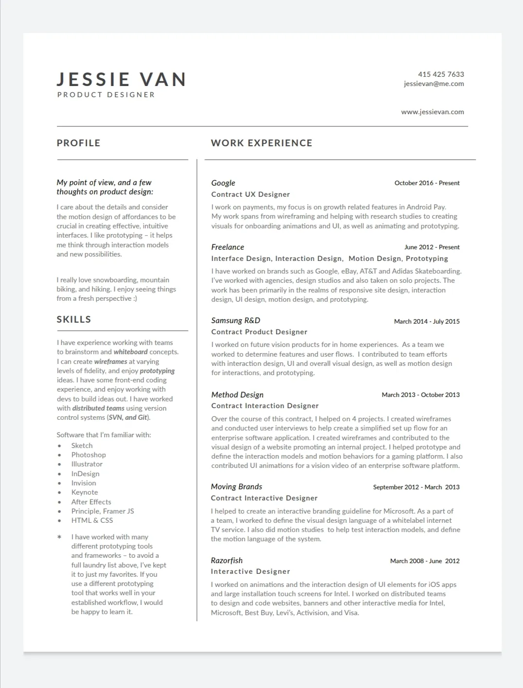 Jessie Van's one-page product designer resume opening with a short personal point-of-view statement on design, a curated tool list in the left column, and roles at Google, Samsung R&D, Method, and Razorfish on the right