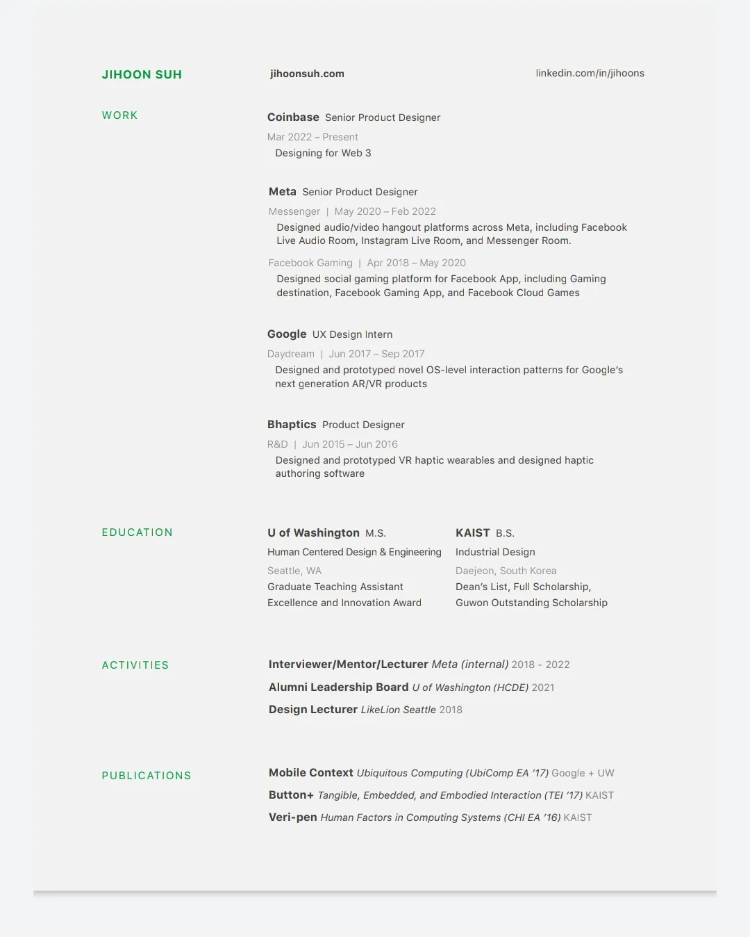 Jihoon Suh's minimalist resume with a green label rail for work, education, activities, and publications, showing senior product design roles at Coinbase and Meta (Messenger and Facebook Gaming) plus three peer-reviewed HCI publications