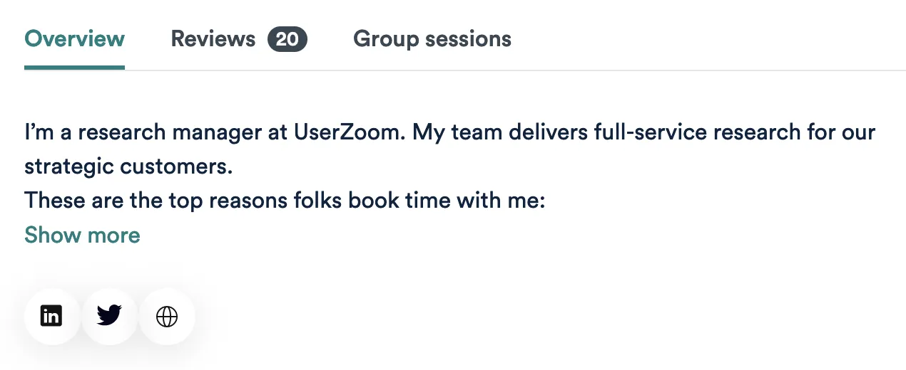 A screenshot of the “About” section on my mentor profile.