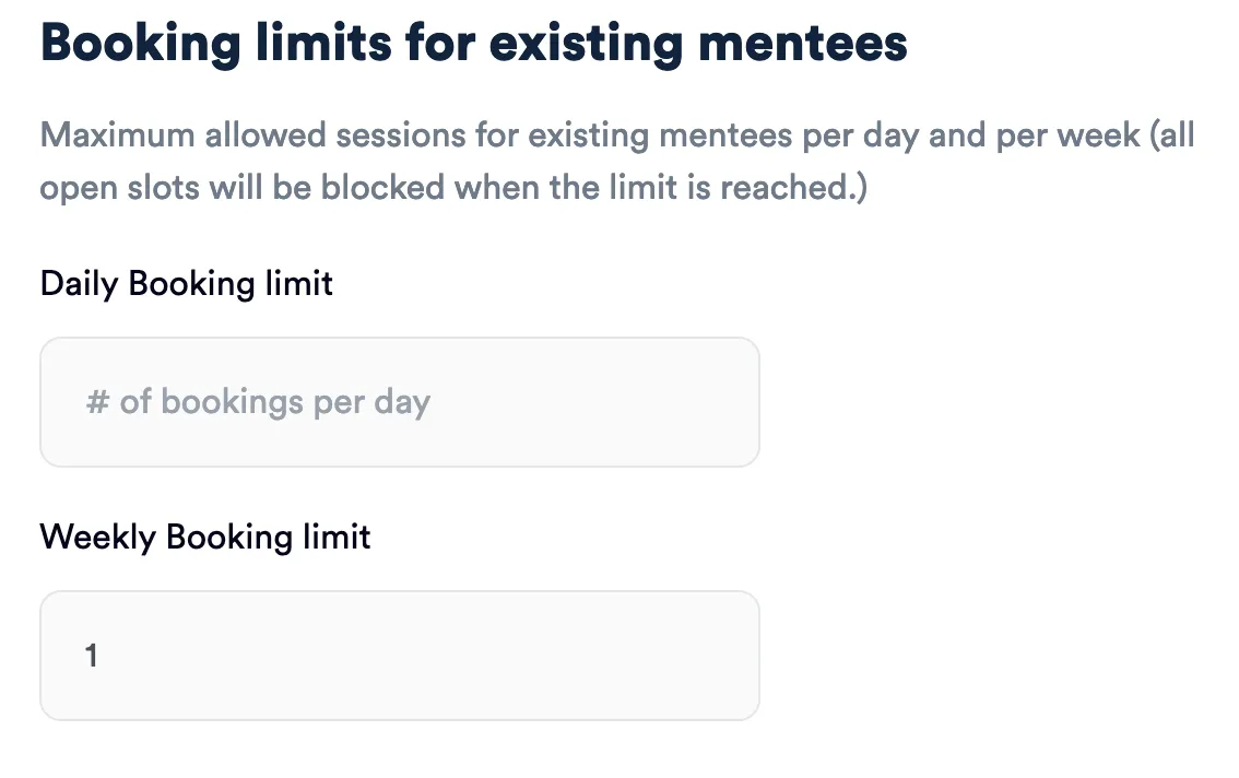 A screenshot of the “Booking limits” section of user settings.