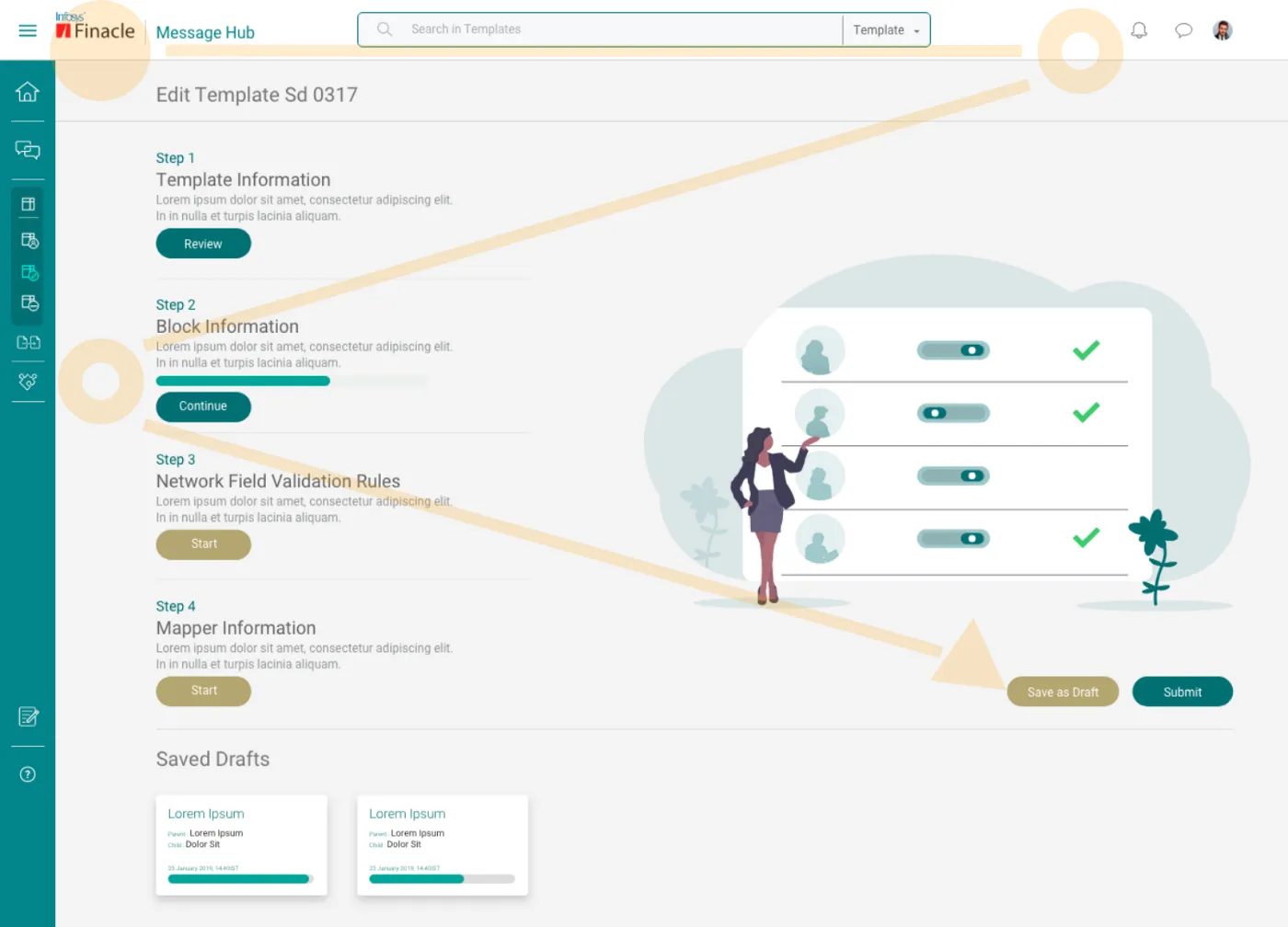 The dashboard page created for Finacle products , which has been created with a mix of Gutenberg’s Principle along with Zeigarnik Effect, designed by Infosys XD