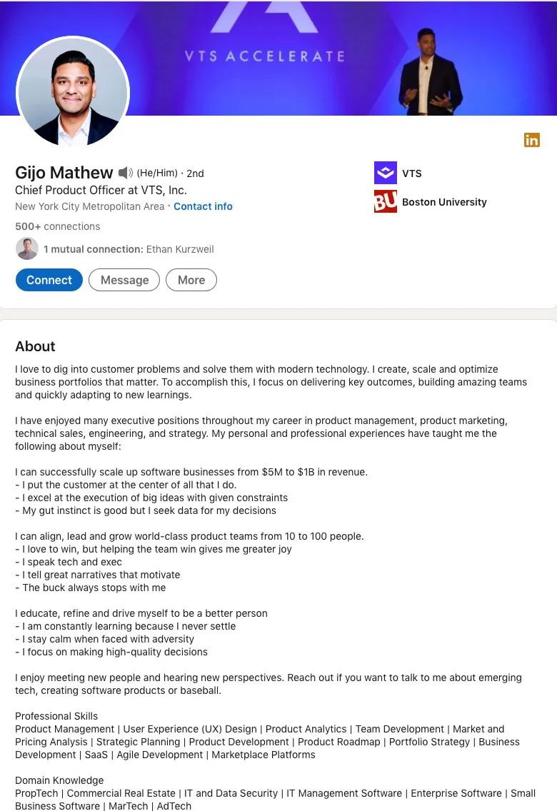 Gijo Mathew’s LinkedIn About section, opening with a value statement and using bulleted proof points like scaling software businesses from $5M to $1B in revenue