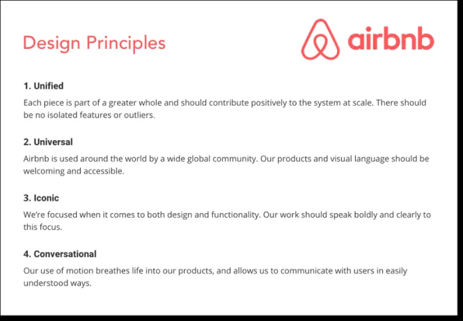 Card listing Airbnb’s four design principles — Unified, Universal, Iconic, and Conversational — each with a one-line description