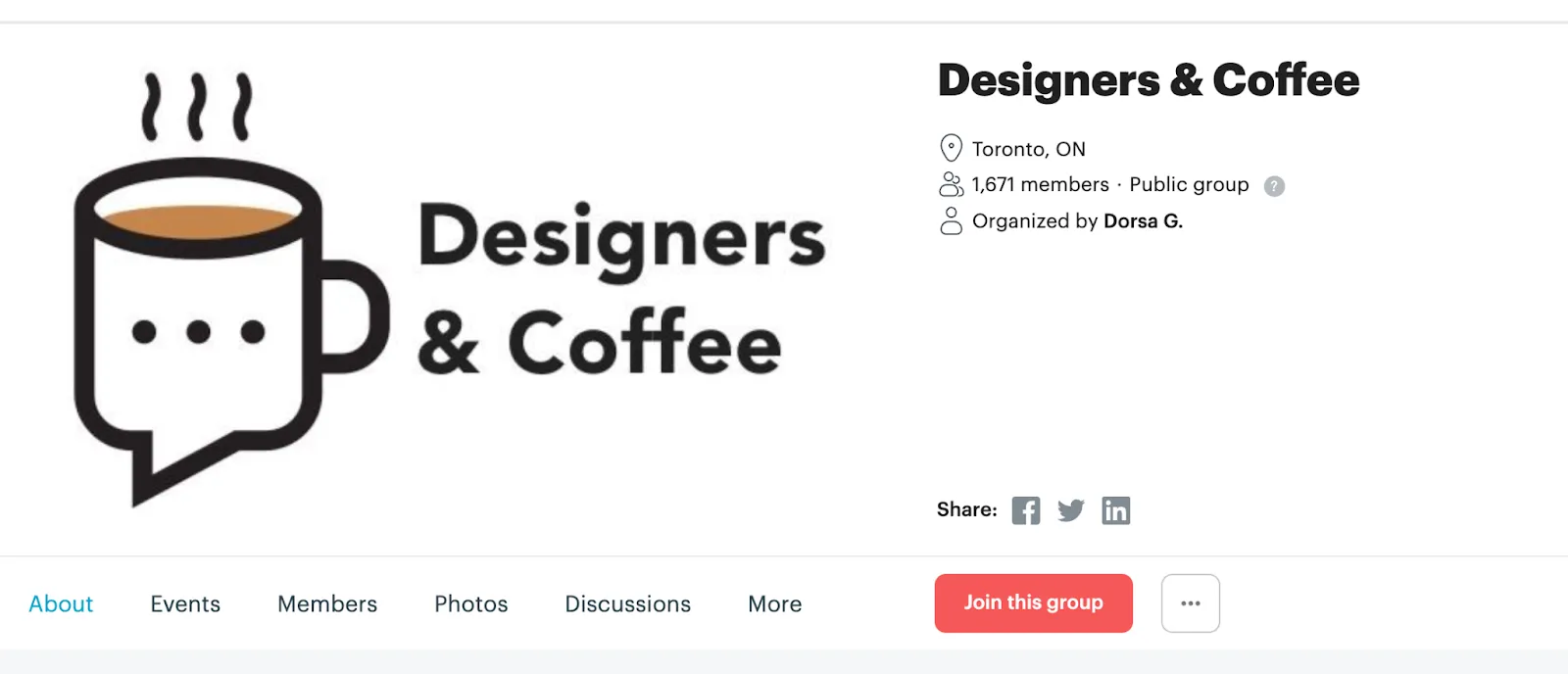 Designers & Coffee Meetup page for the Toronto-based design community