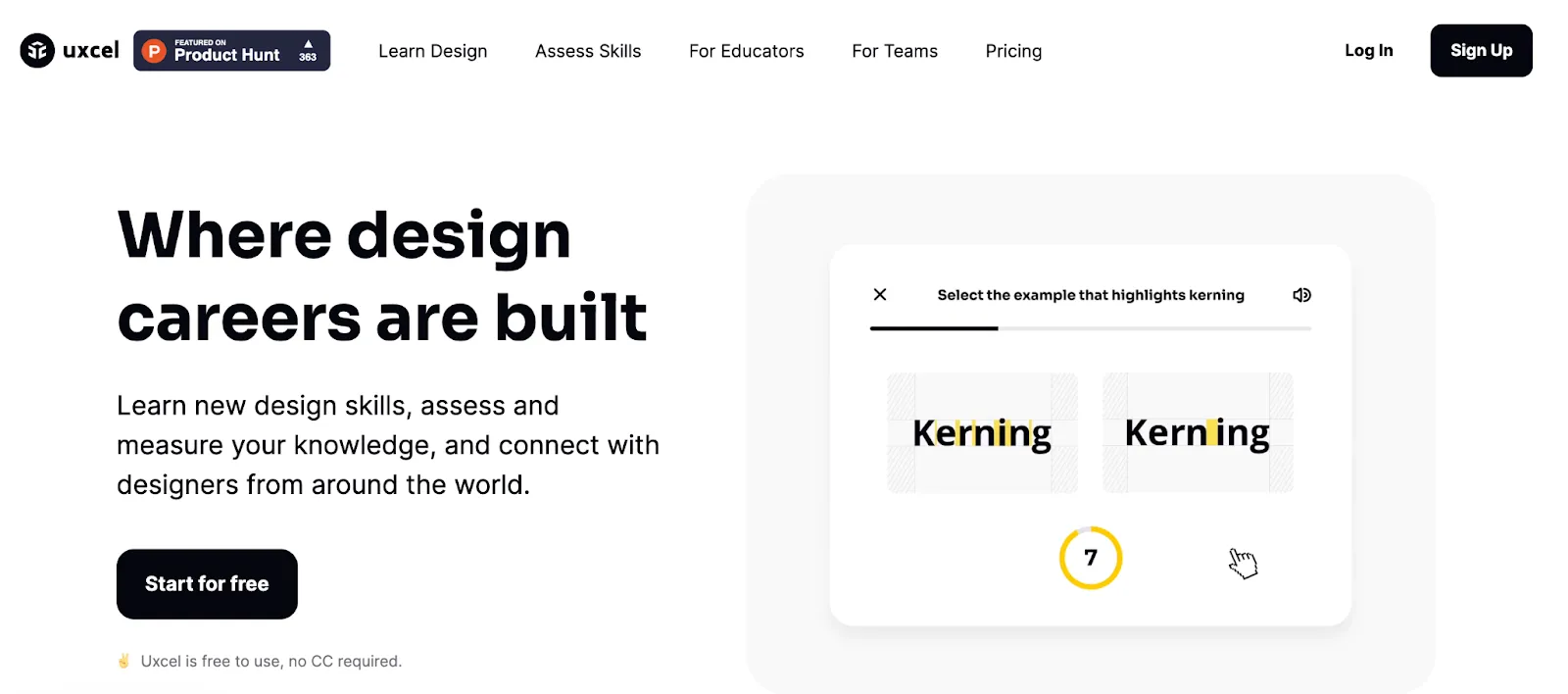 Uxcel homepage with interactive UX and UI design courses and skill assessments
