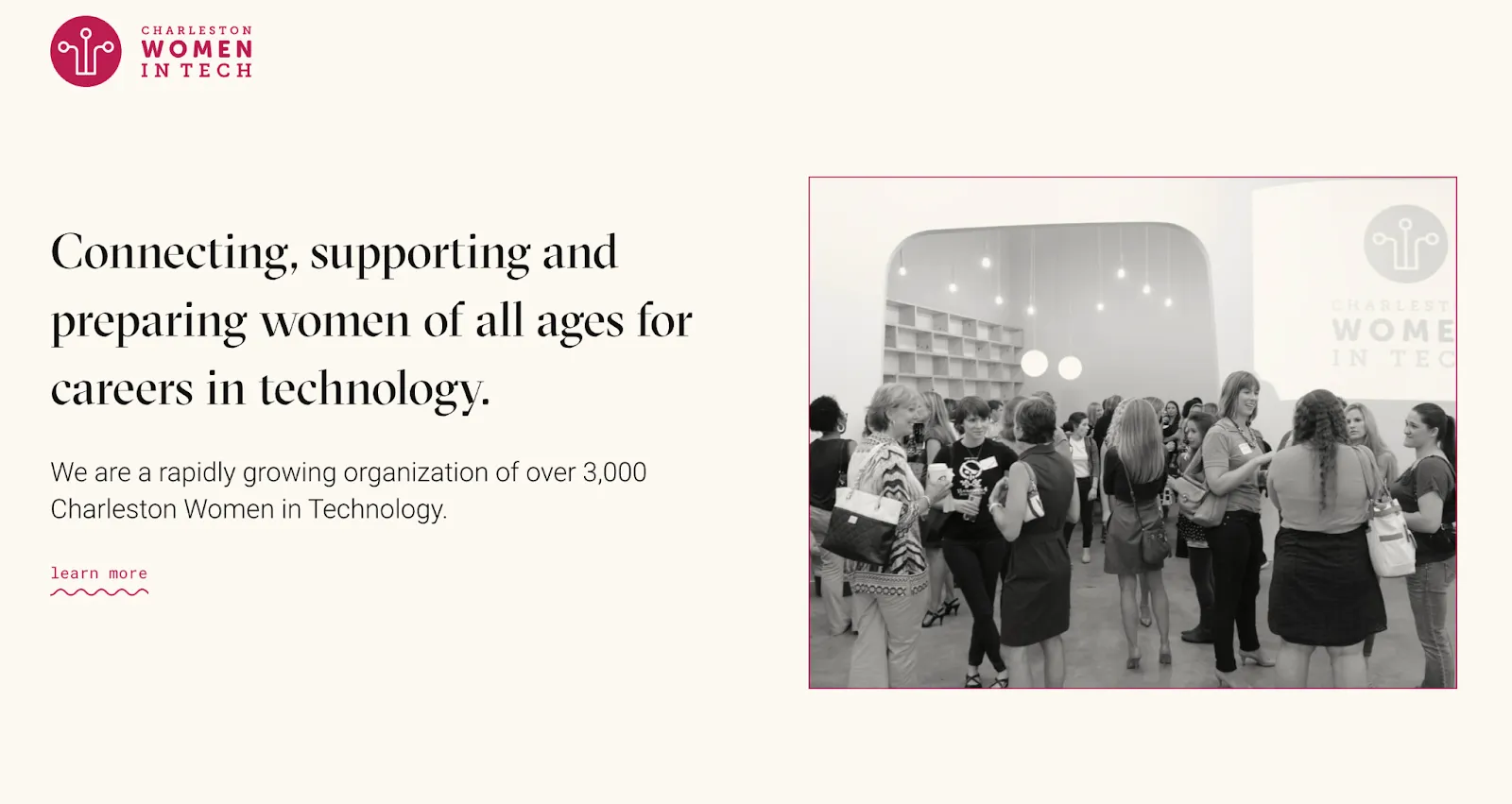 Charleston Women in Tech homepage promoting careers in technology for women