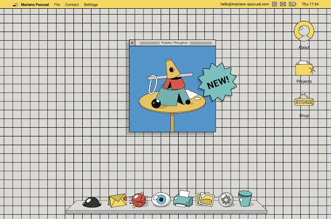 Mariano Pascual's gamified portfolio homepage, styled like a retro desktop with colorful draggable windows