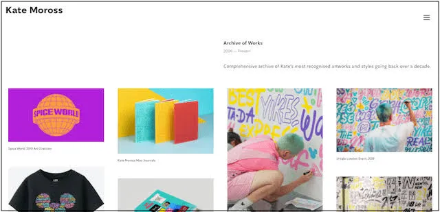 Studio Moross work grid showing Kate Moross's colorful hand-drawn typography and bold illustration projects