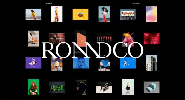 RoAndCo Studio portfolio homepage with glossy split-screen photography of branding projects