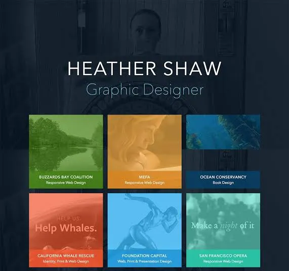 Heather Shaw's graphic design portfolio grid showing print, book, and web projects with a unified visual style