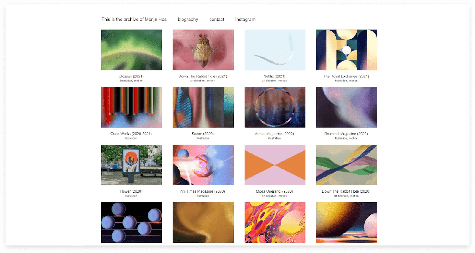 Merijn Hos's minimalist portfolio gallery of vivid, psychedelic illustration thumbnails on a white background