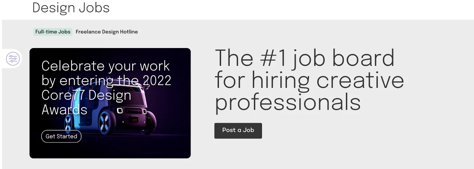 Coroflot design jobs page listing industrial, product, and graphic design roles with company names