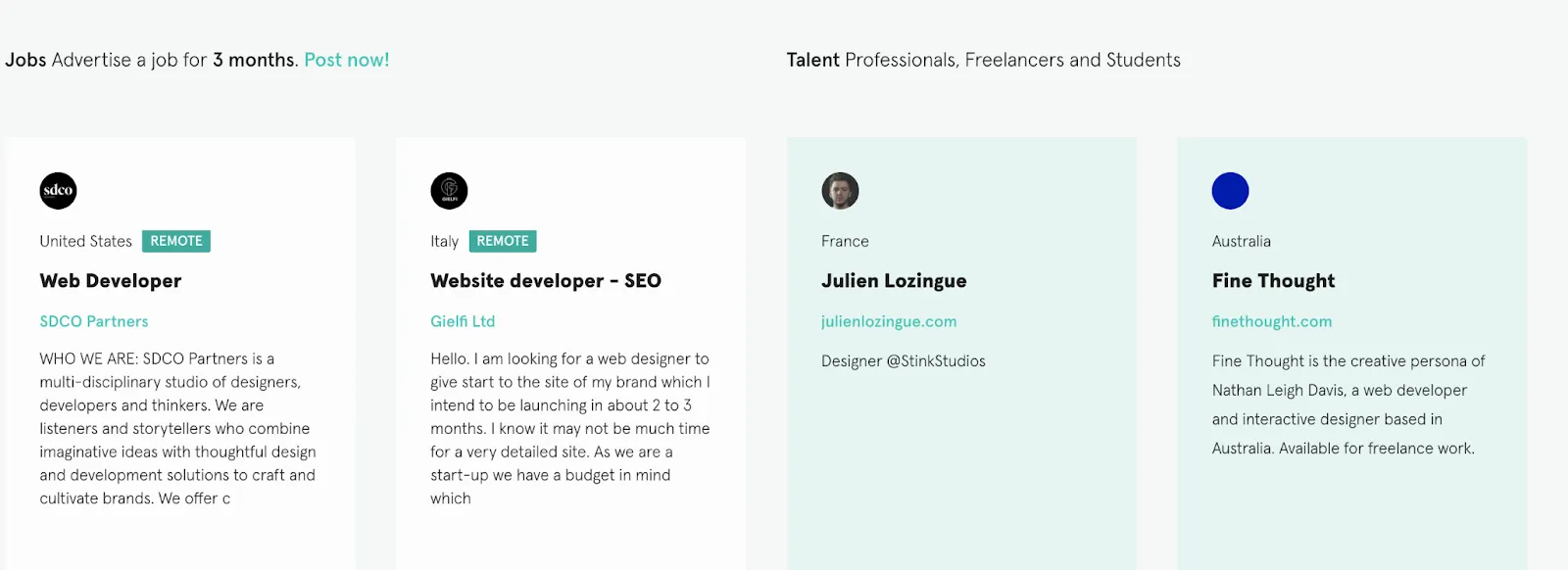 Awwwards jobs page showing digital design and frontend job listings from studios worldwide