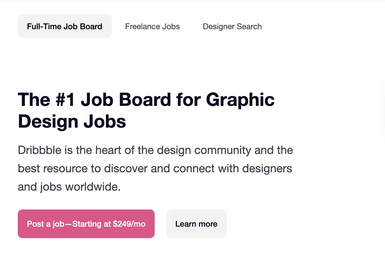 Dribbble job board showing design job listings with search filters for specialty, location, and experience level