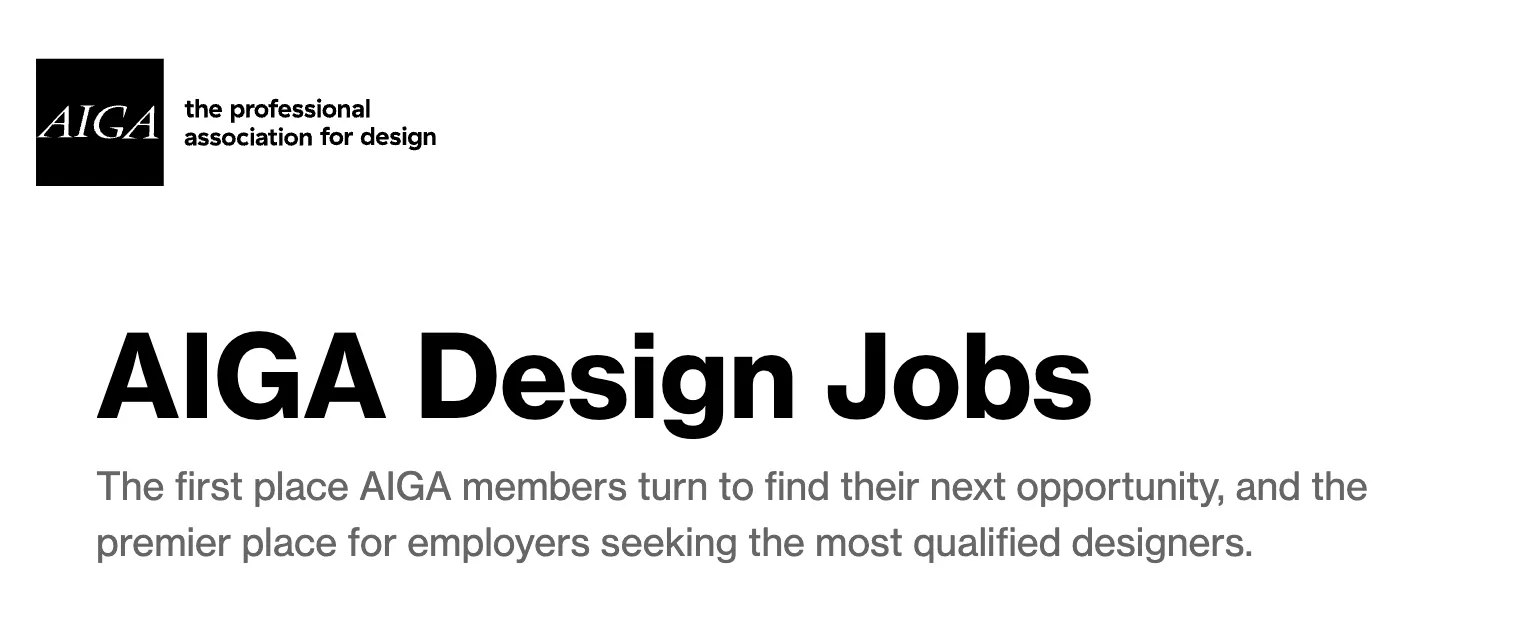 AIGA design jobs board homepage with search fields for design roles across the United States