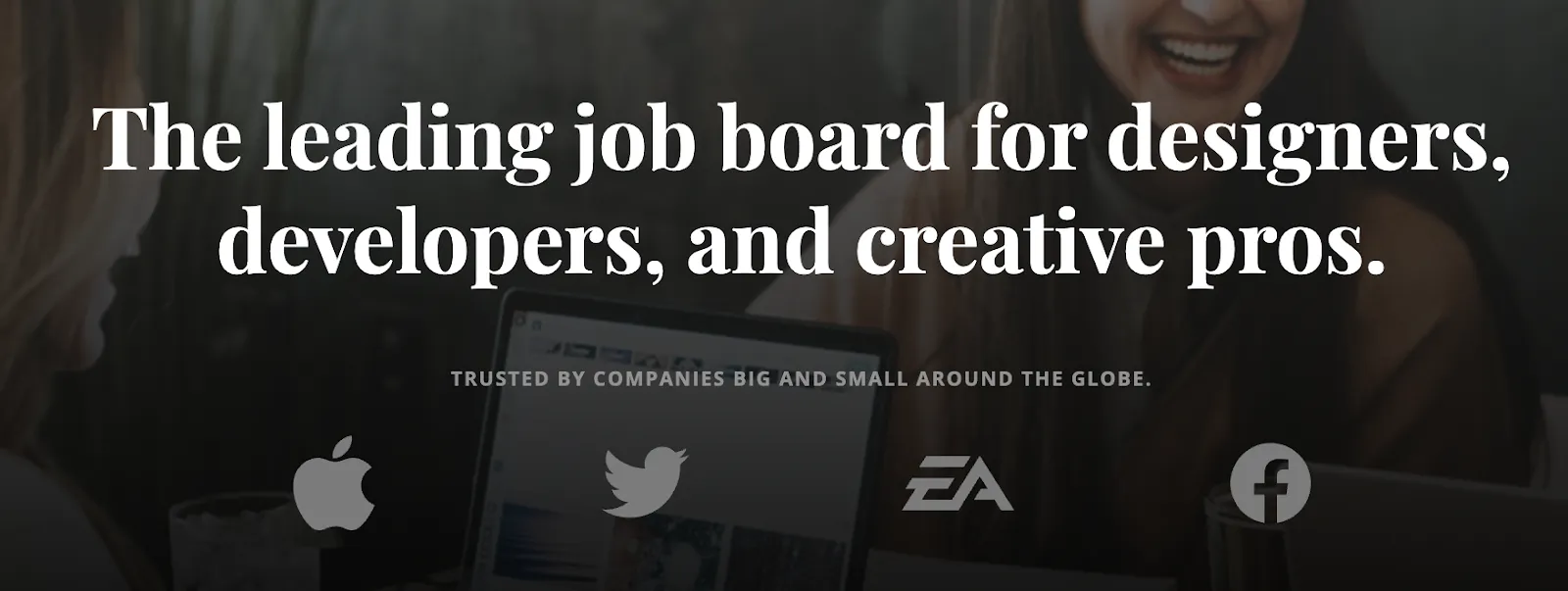 Authentic Jobs board homepage with search interface for design, development, and creative roles